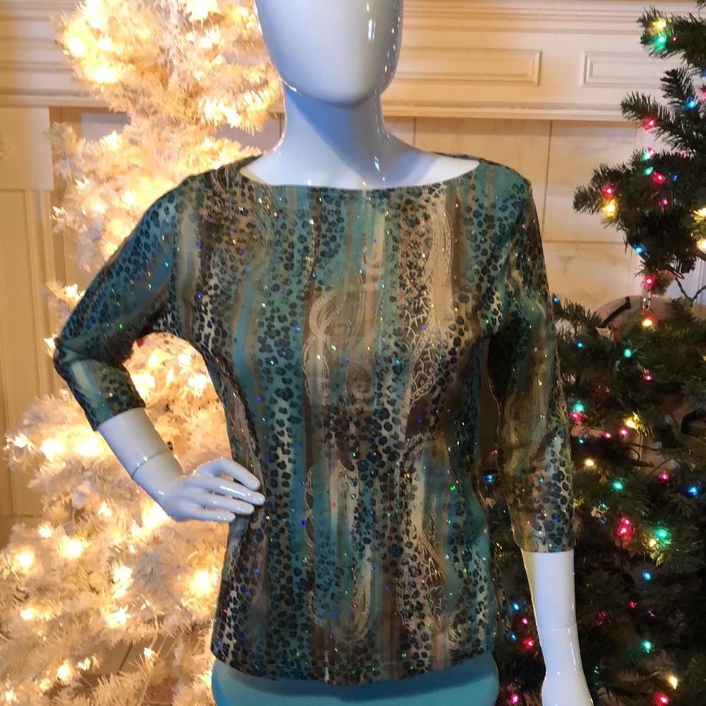 Only Nine Green Brown w/Crystals Leopard Print Top